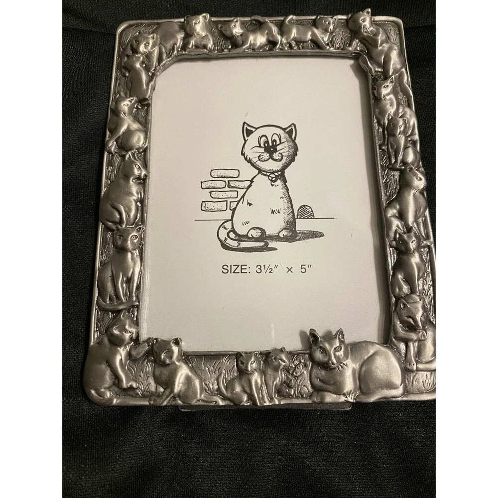 Vintage Pewter Metal Cat Picture Photo Frame Family Of Cats Kittens Playing Cute